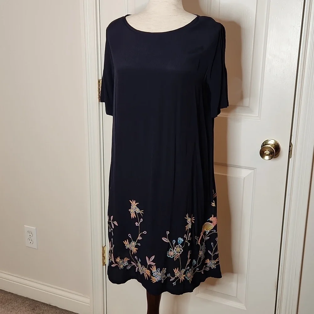 Loft Navy Blue Embroidered Floral Bird Norway Shift Dress  Size XS - Picture 3 of 11
